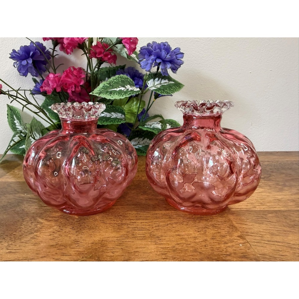 Cranberry Pink Ruffled‎ Art Glass Candle Holders or Vases Likely Fenton Vintage